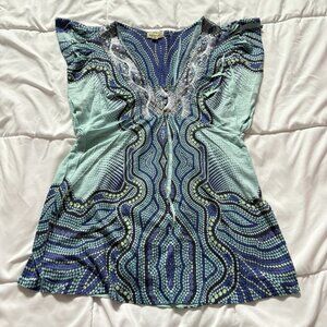 Vintage 90s Y2K Womens Size Small Blue Short Sleeve Blouse Peasant Cottagecore